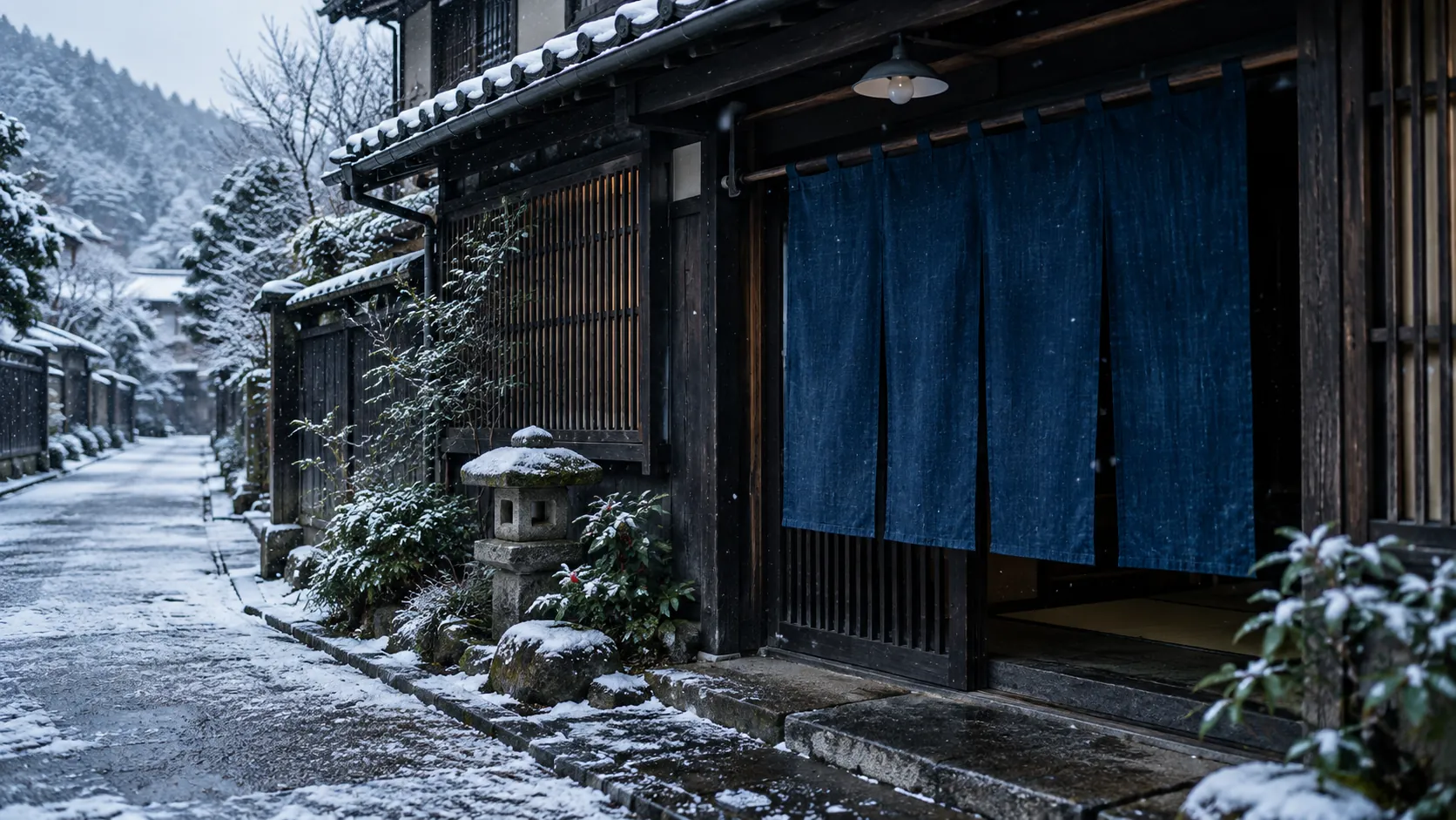 Kumo's dark cedar entrance and indigo noren in the first snow