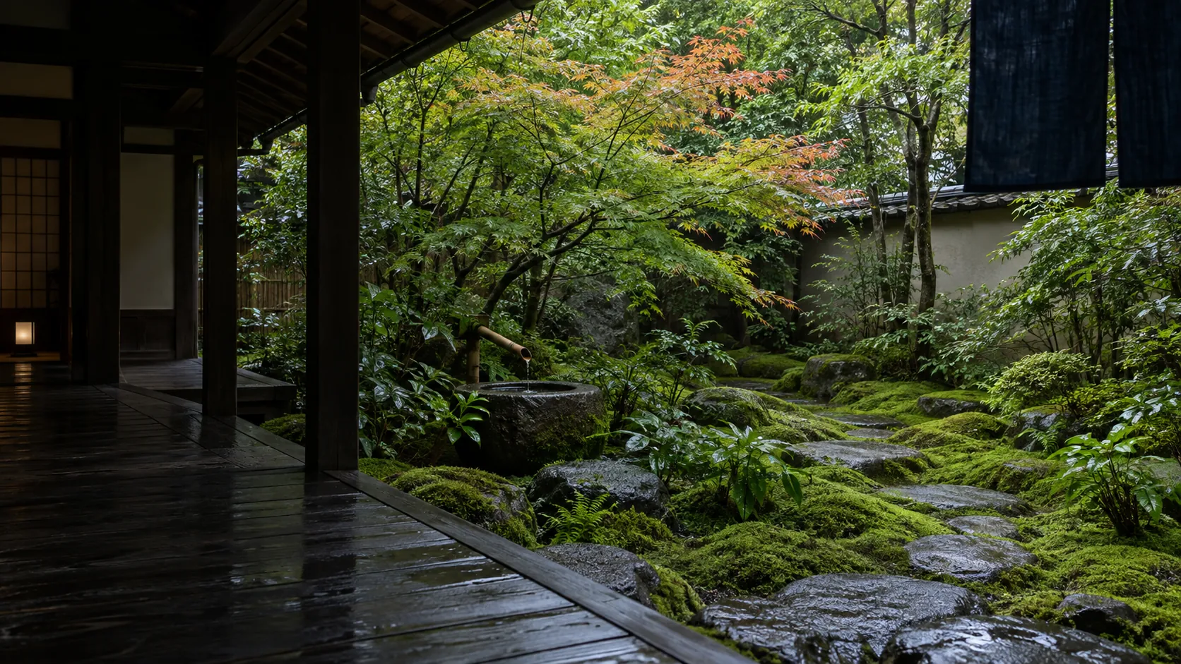 A moss garden with stepping stones and a dripping stone basin, seen from a wet dark veranda