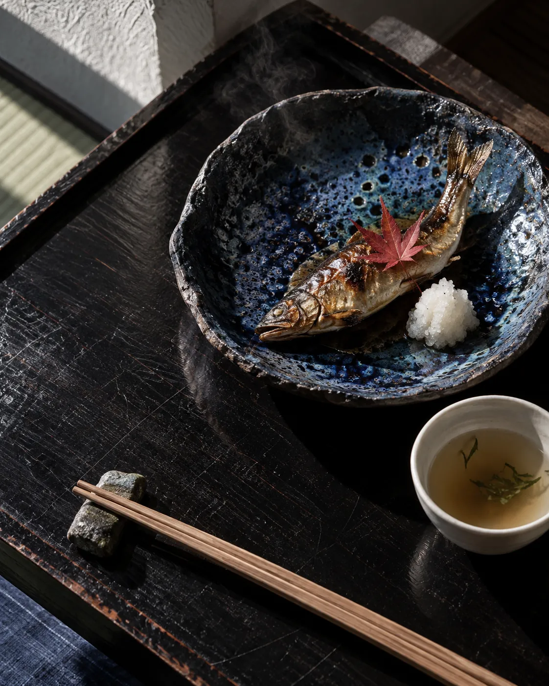 Grilled river fish with a red maple leaf on an indigo-glazed dish, on a black lacquer tray