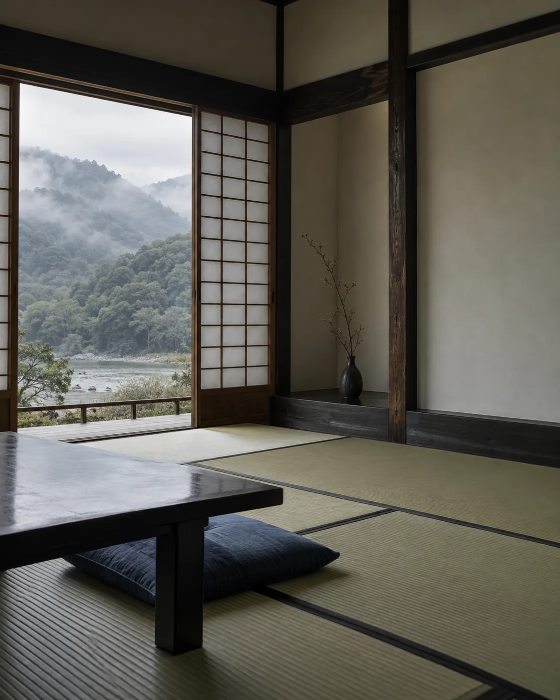 A tatami room with a low black table and an indigo cushion, shoji open onto a misty river valley