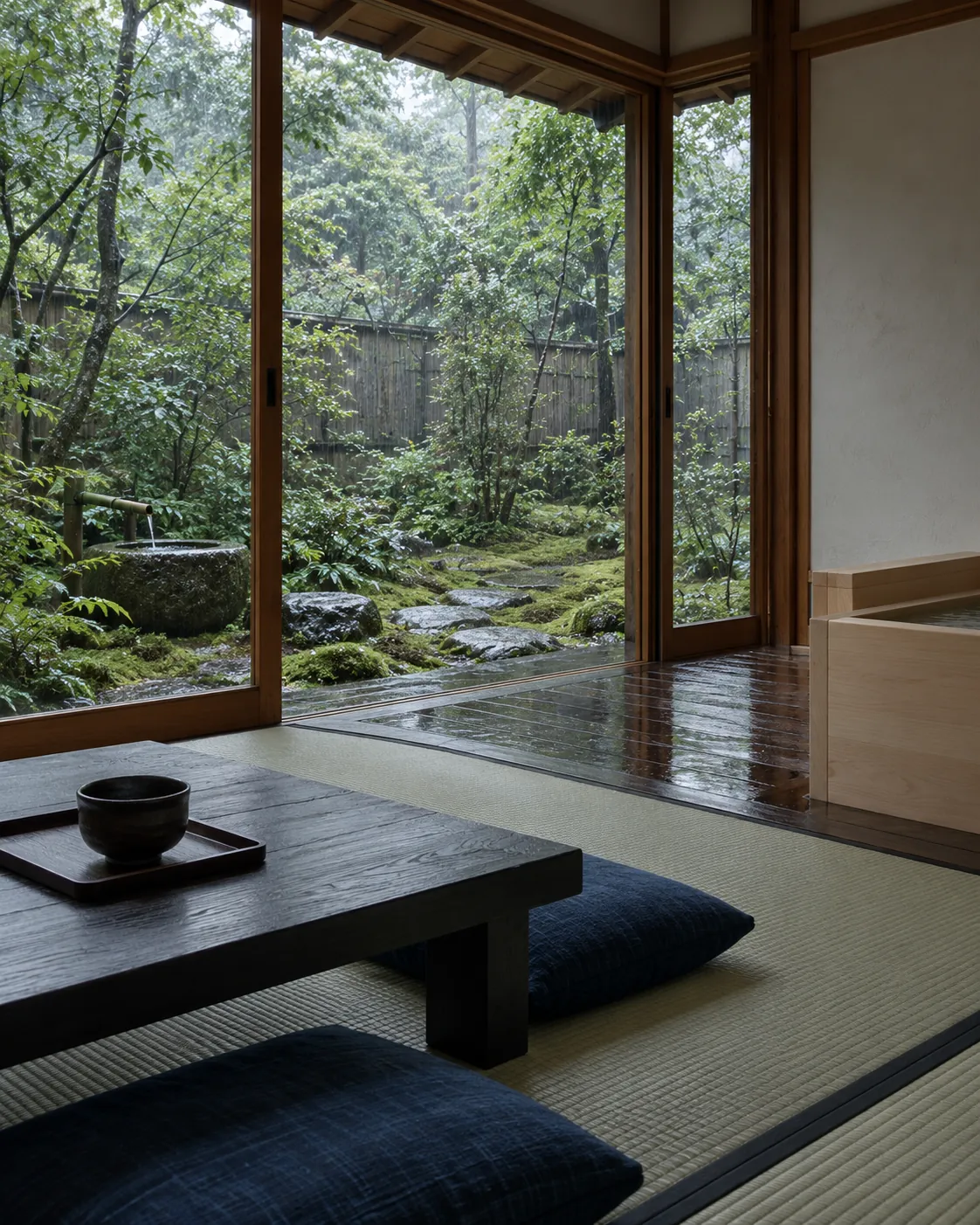 A tatami suite opening onto a rain-wet moss garden with stepping stones and a stone basin