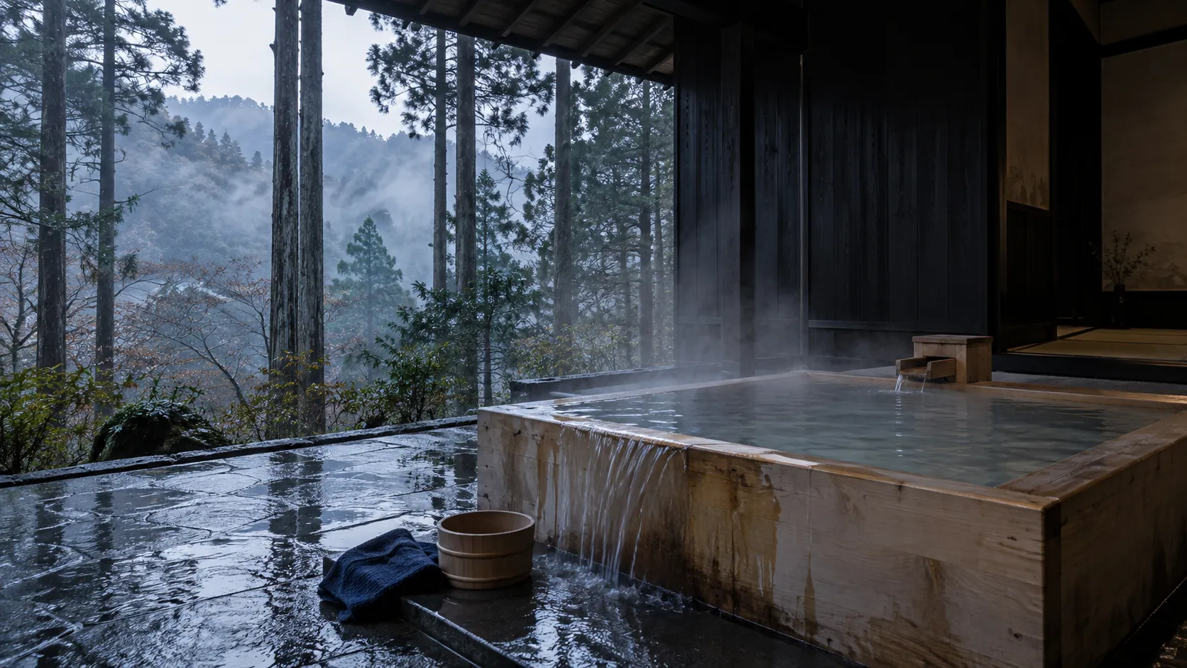 A square hinoki cedar bath brimming with spring water, cedar trunks in dawn mist beyond the open wall