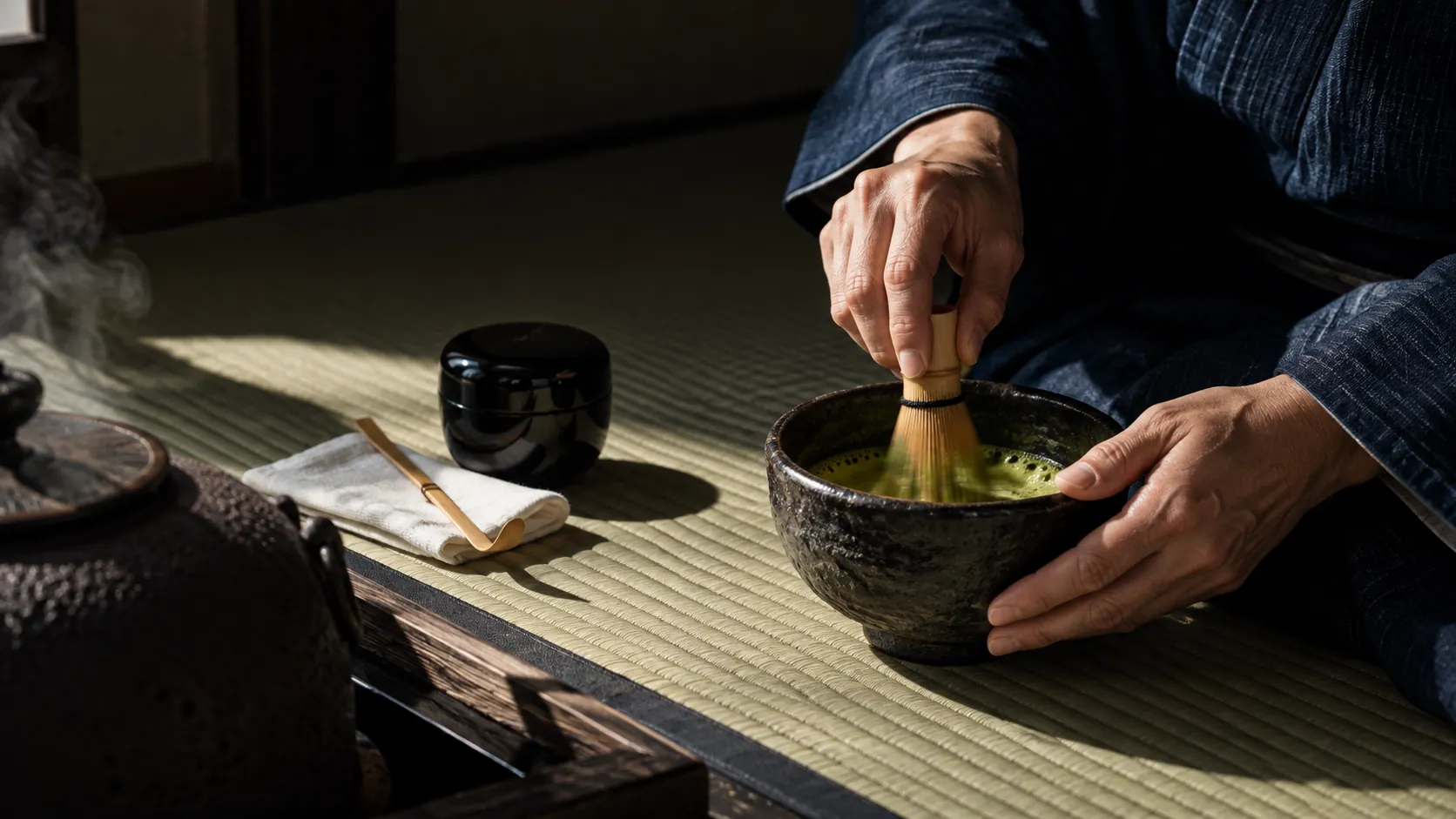 A host's hands in an indigo sleeve whisking matcha in a black raku bowl